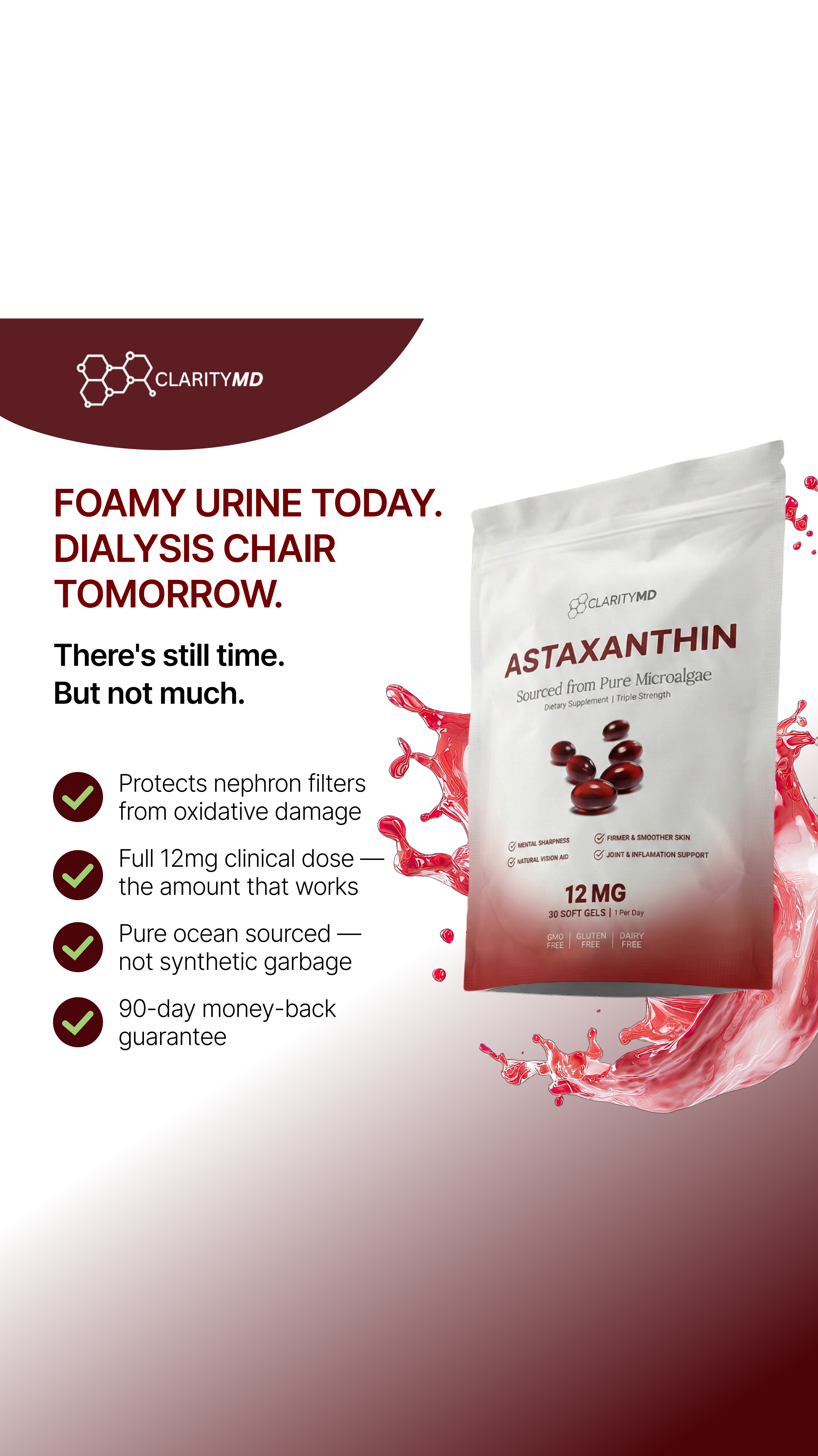 Kidney Care Hub Facebook ad: Clinically Dosed Astaxanthin, No Fillers, Just Results