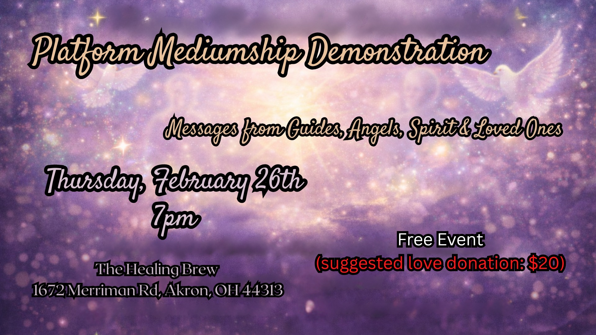 The Healing Brew LLC Facebook ad: Platform Mediumship Demonstration