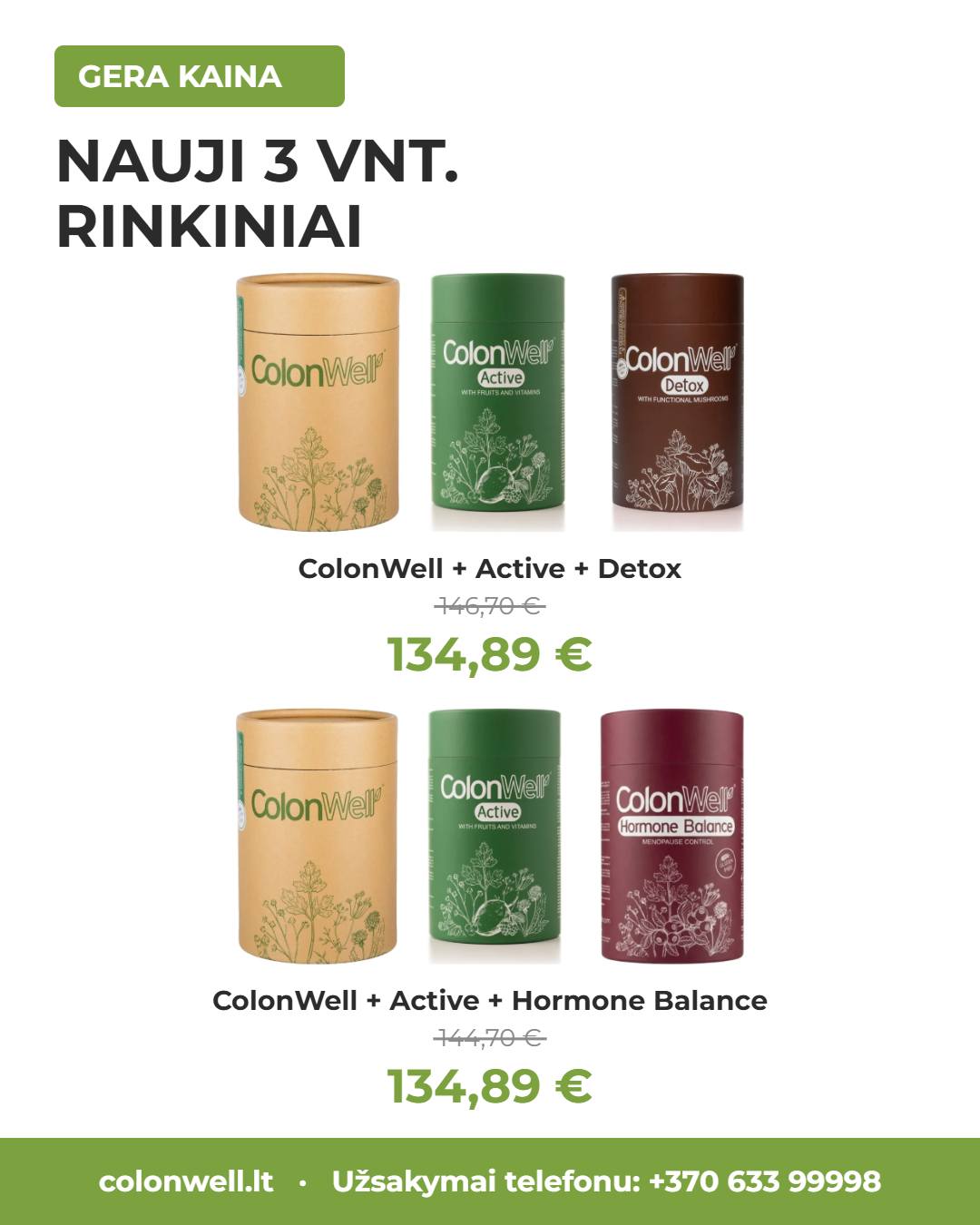 ColonWell Facebook ad: Nauji ColonWell rinkiniai po tris pakuotes, geresne kaina.