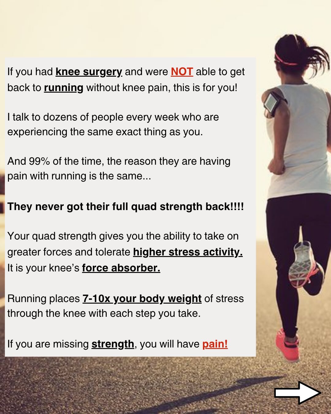 Knee Rescue Facebook ad: After any knee surgery, your quad strength takes…