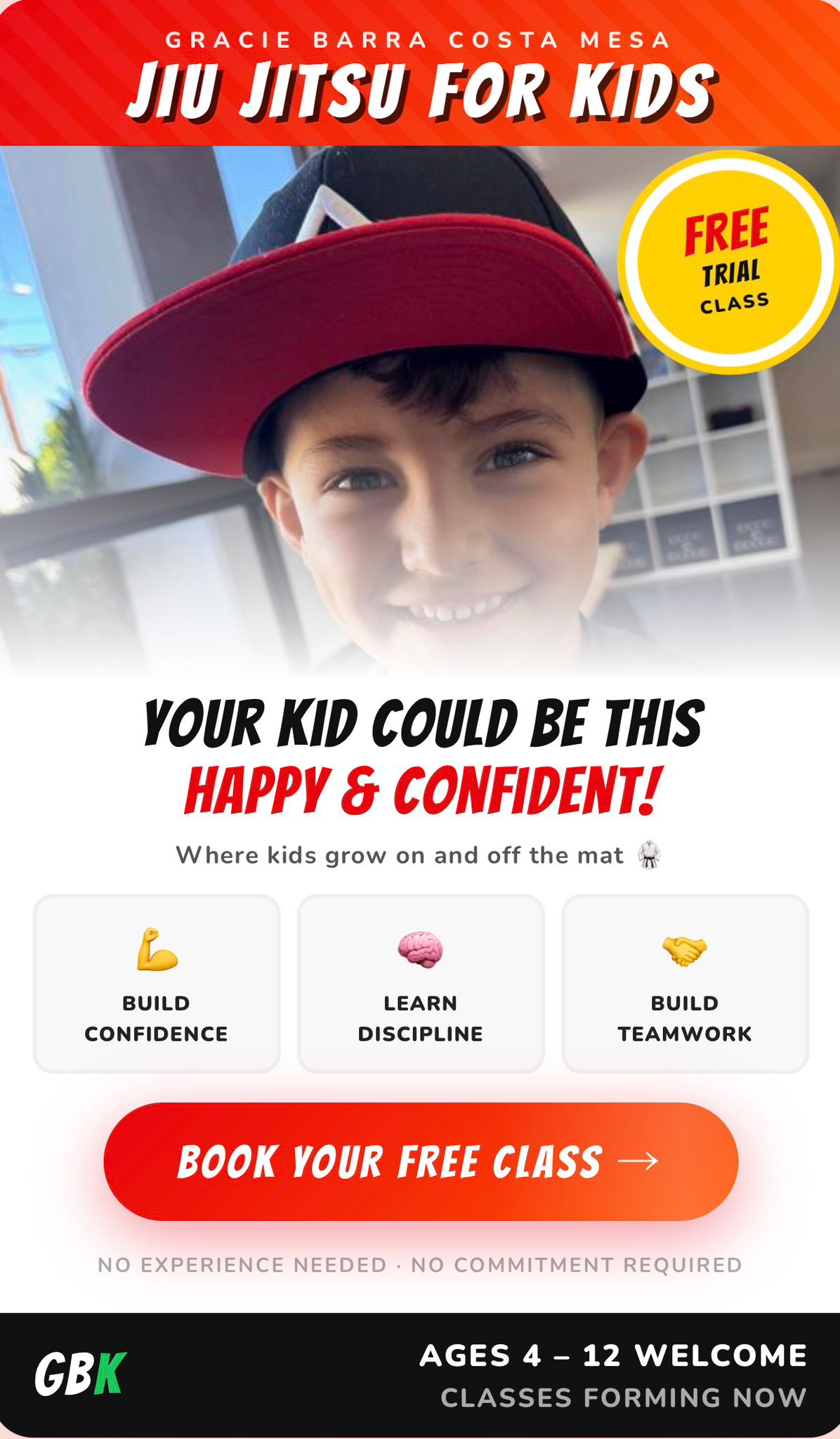 GB Costa Mesa, CA Facebook ad: Want a FREE 10-Day, Kids Martial Arts Class Pass?