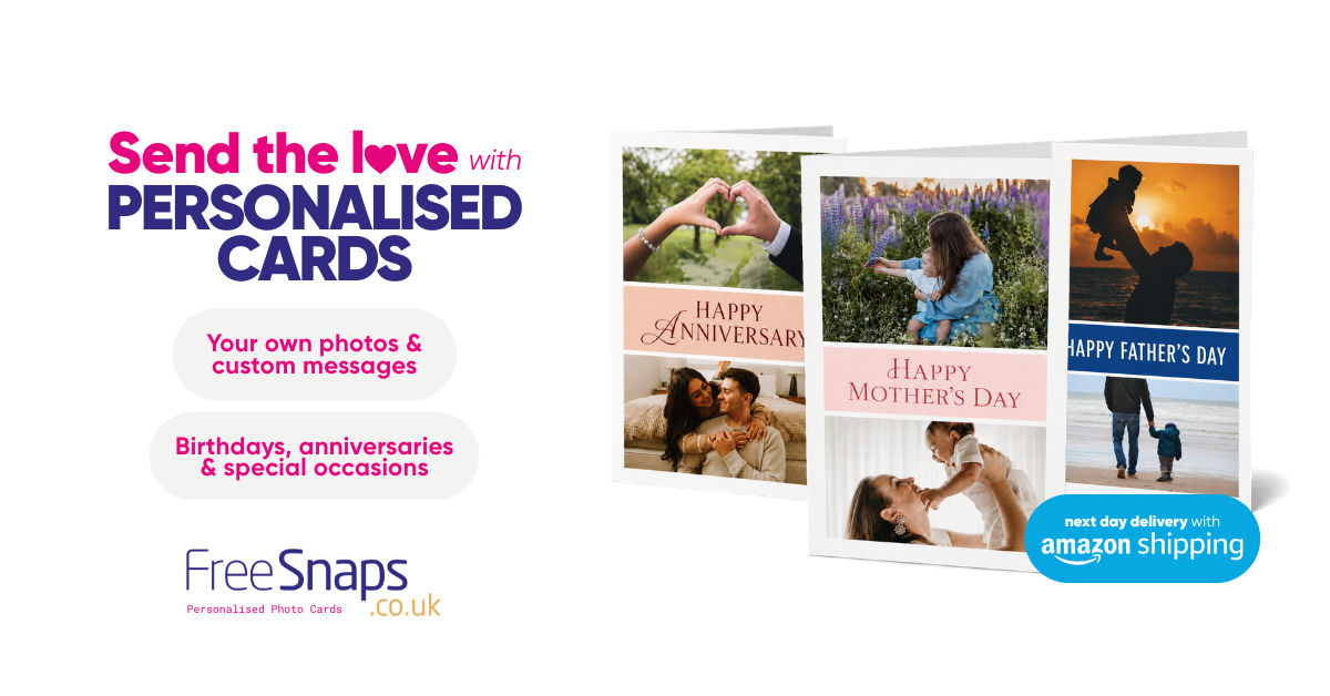 Freesnaps Facebook ad: Personalised Photo Cards From £3.99