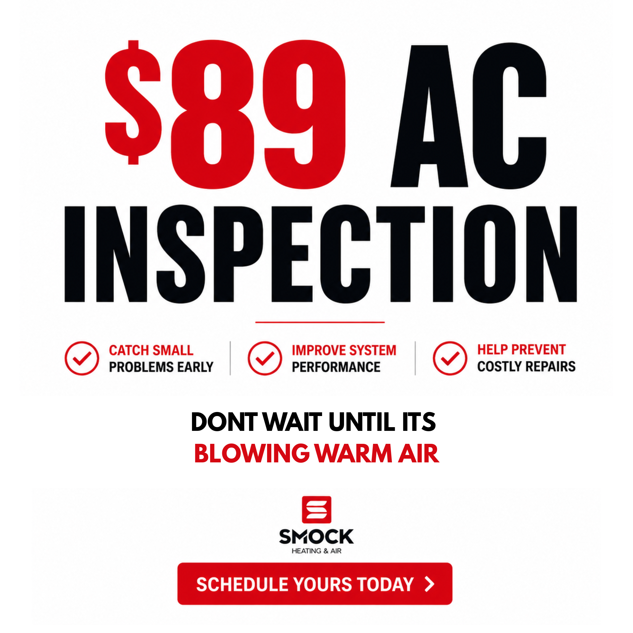 Smock Heating & Air Facebook ad: $89 AC Inspection. Real Answers.