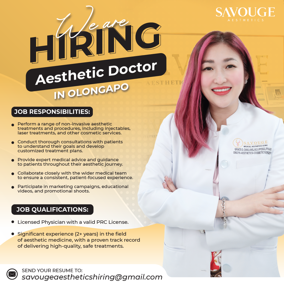 Opportunities by Savouge Aesthetics Facebook ad: URGENT HIRING, AESTHETIC DOCTOR in Olongapo