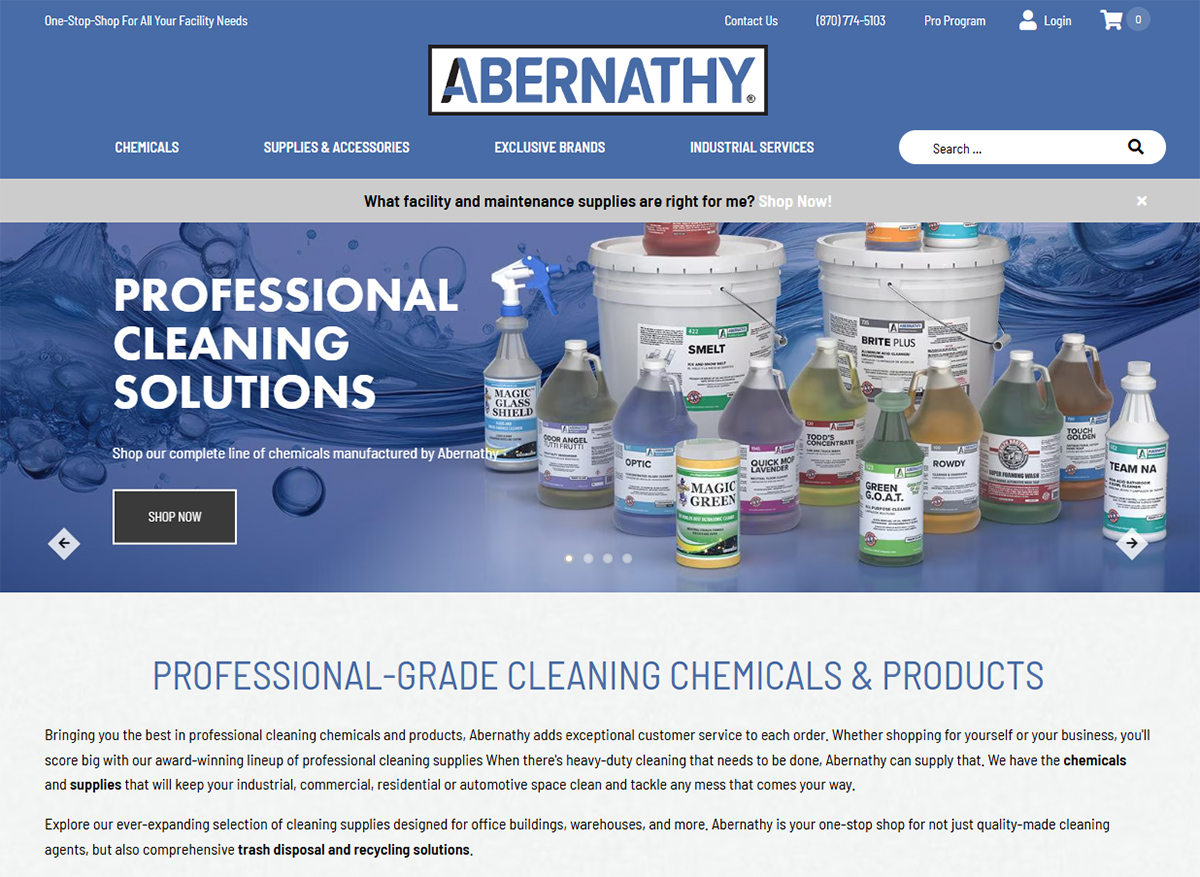 Abernathy Company Facebook ad: Shop Local Pro-Grade Cleaning Chemicals and Save BIG…
