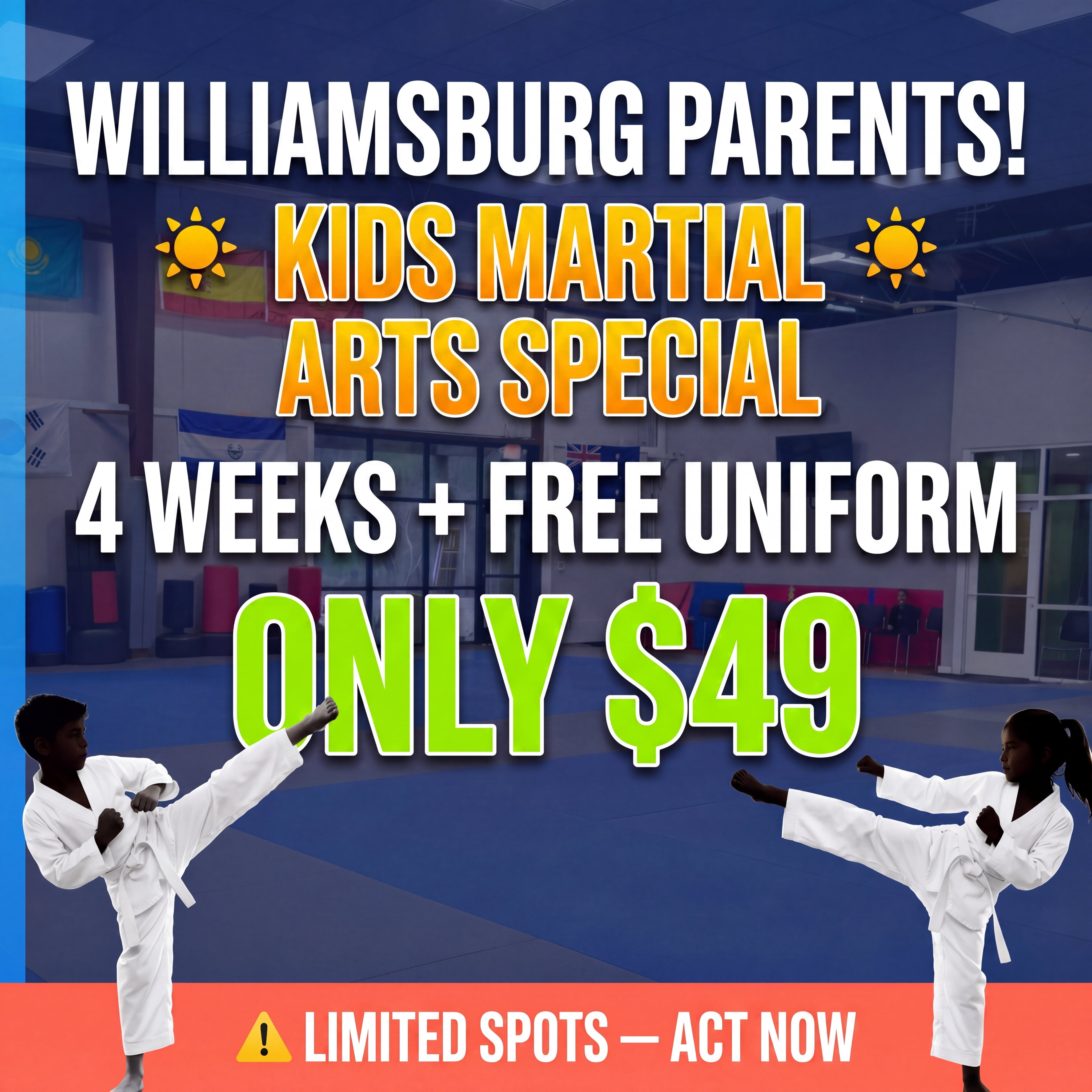 Baeplex Facebook ad: Kids Martial Arts Special, 4 Weeks + FREE Uniform for Just…