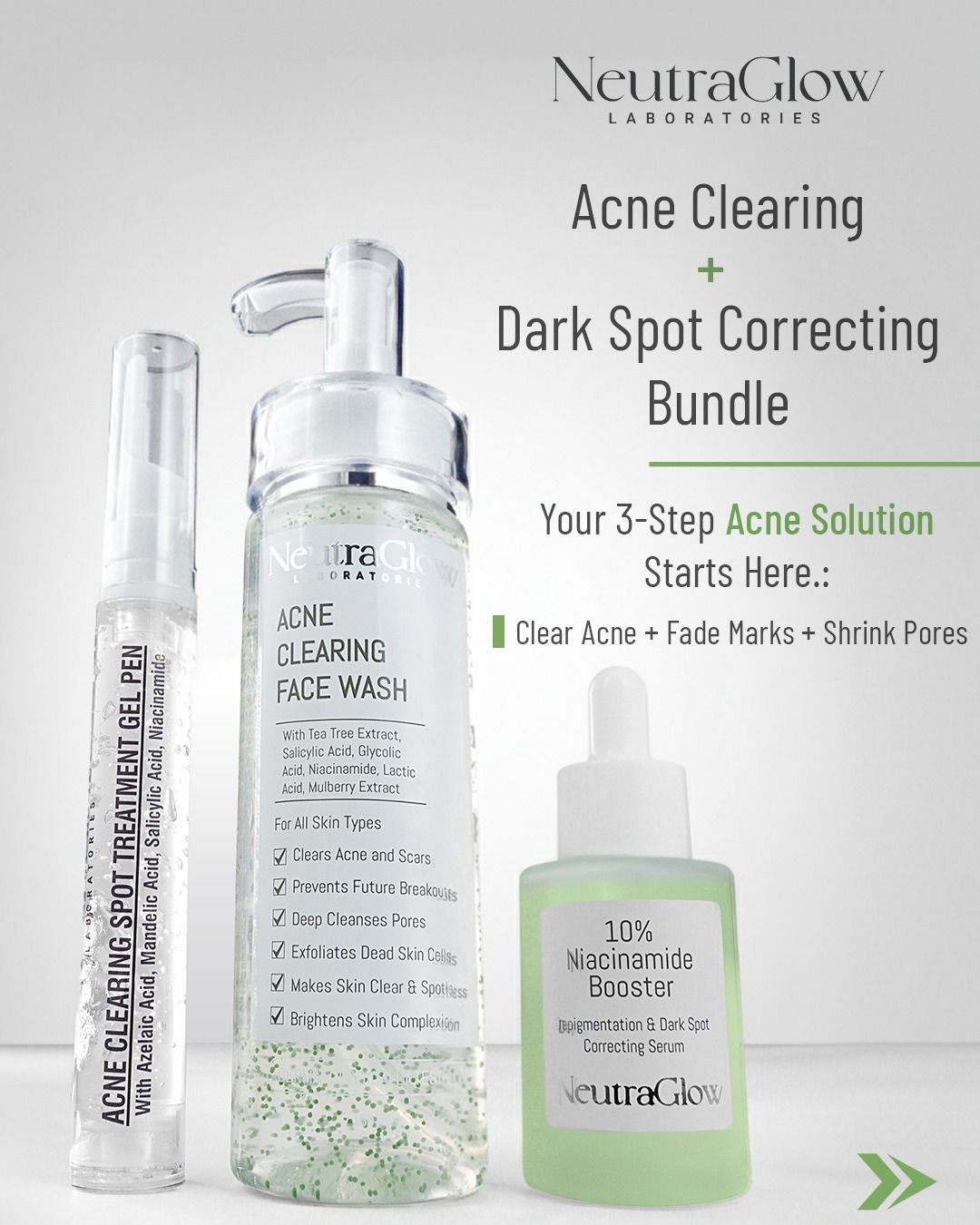NeutraGlow Facebook ad: Clear Acne • Fade Marks • Shrink Pores