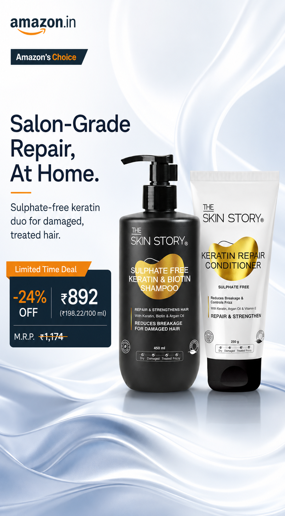The Skin Story Facebook ad: Sulphate-Free Keratin Shampoo & Keratin Conditioner