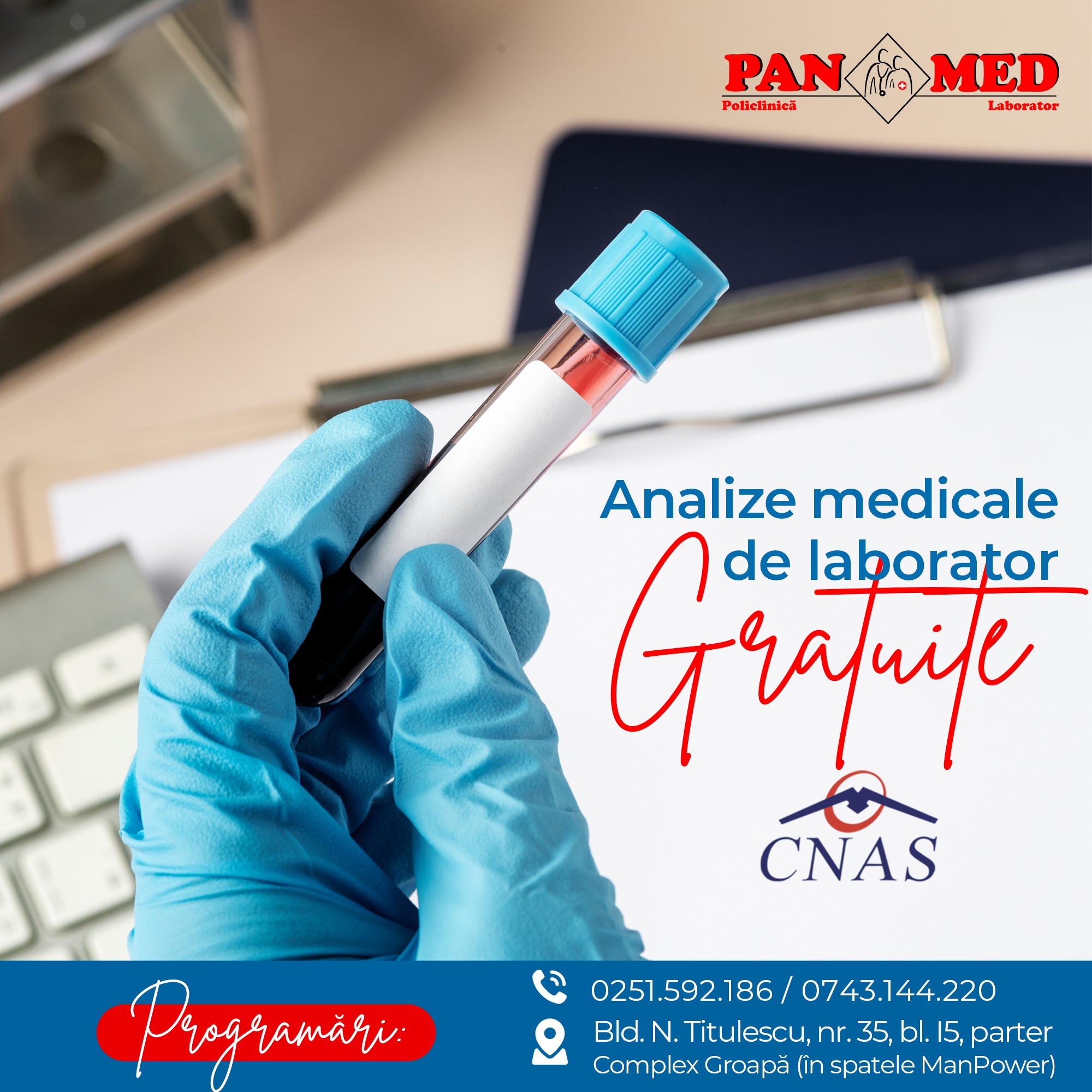 PanMed Craiova Facebook ad: 𝗔𝗻𝗮𝗹𝗶𝘇𝗲 𝗺𝗲𝗱𝗶𝗰𝗮𝗹𝗲 𝗚𝗥𝗔𝗧𝗨𝗜𝗧𝗘…