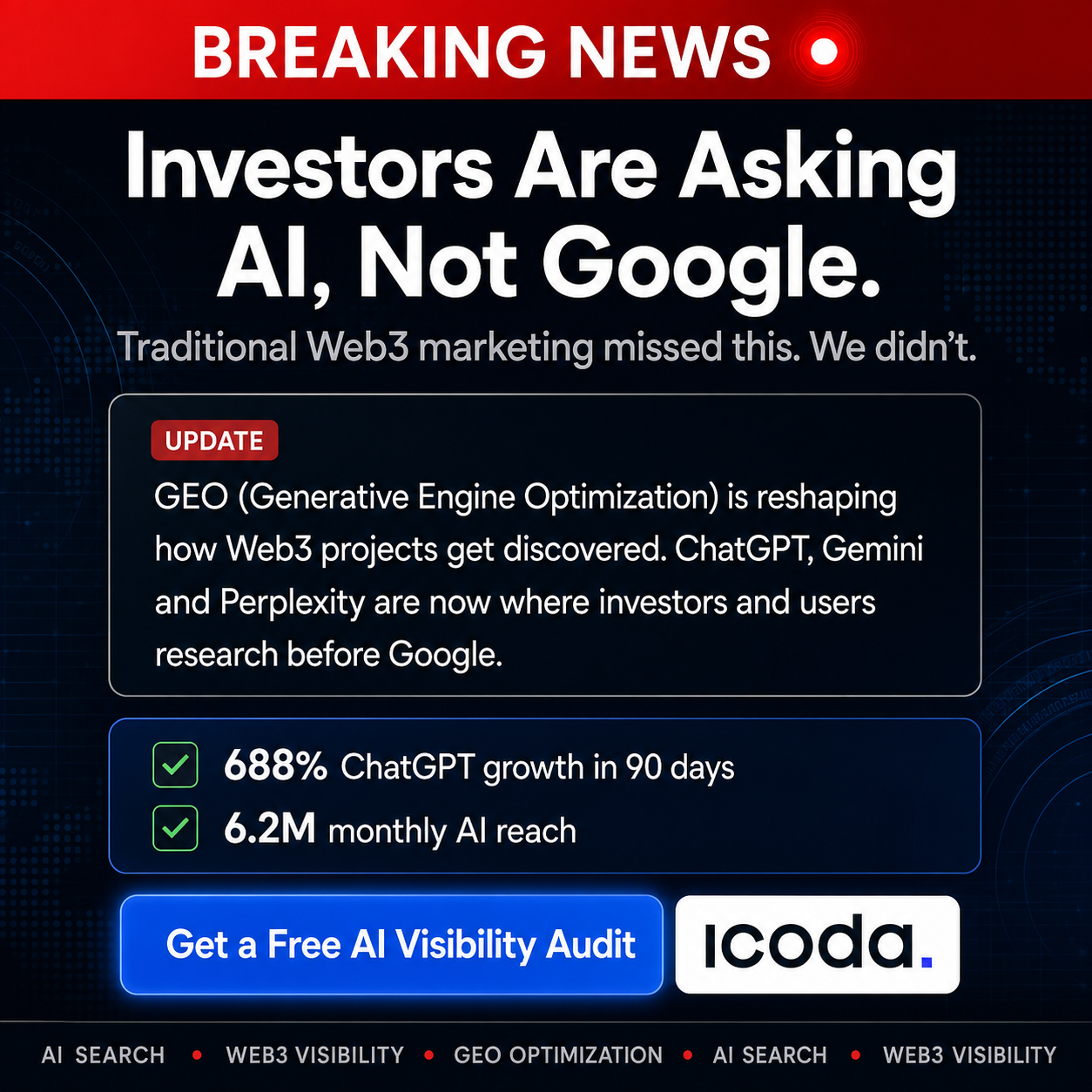 ICODA Agency Facebook ad: All-In-One Web3 Marketing.