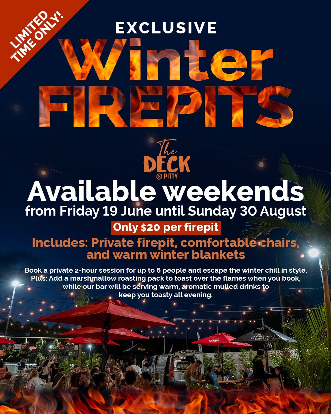 Pittwater RSL Facebook ad: Your crew. A crackling fire. $20. Done.