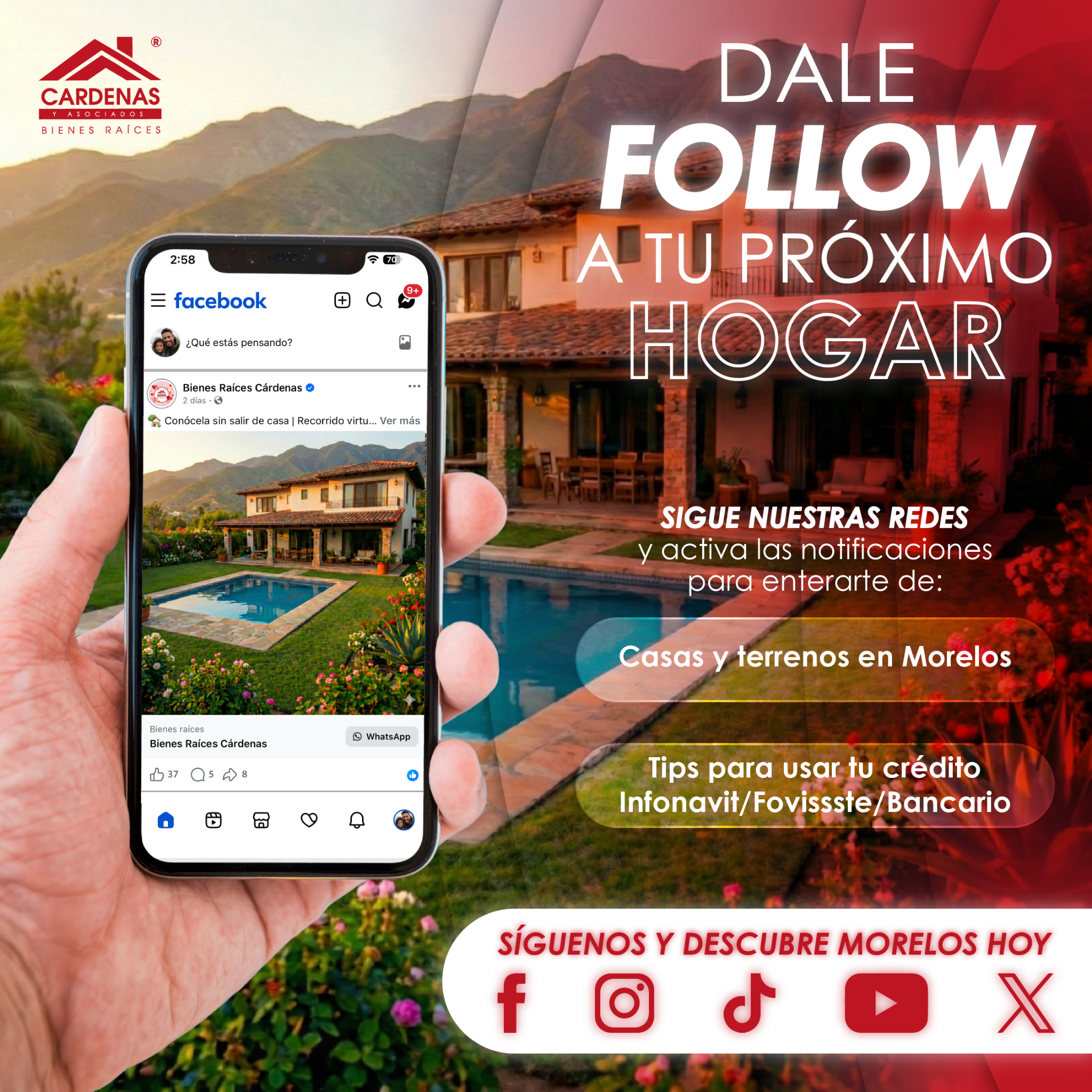 Bienes Raíces Cárdenas Facebook ad: ¡Dale follow a tu próximo hogar!