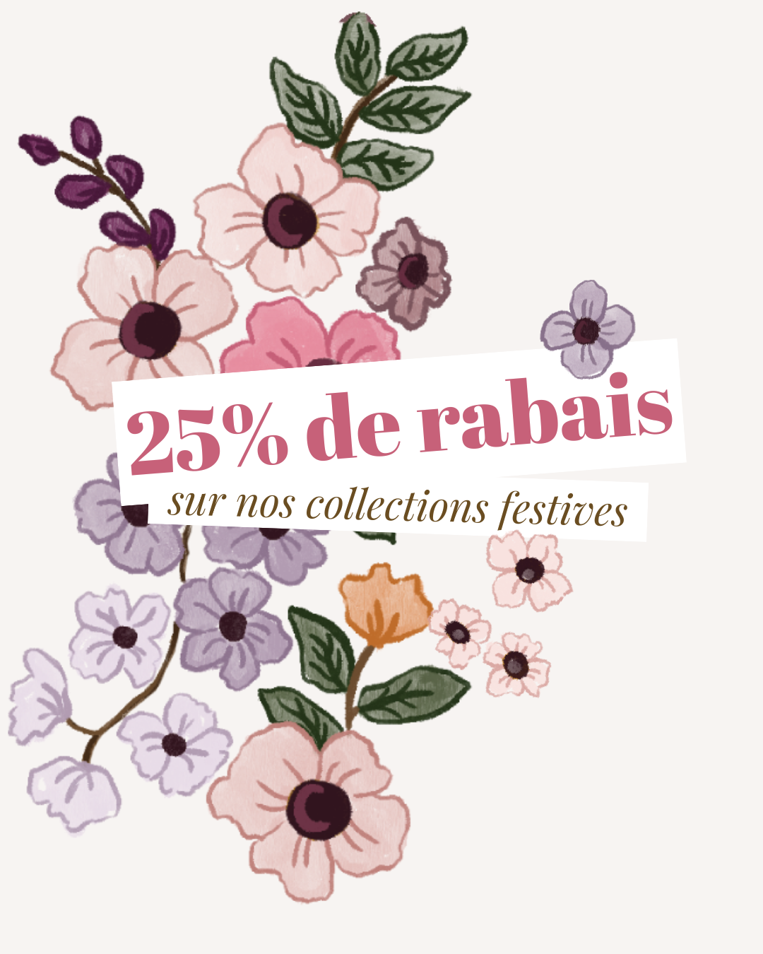 Mimi and August Facebook ad: Nos collections saisonnières passées sont maintenant à 25…