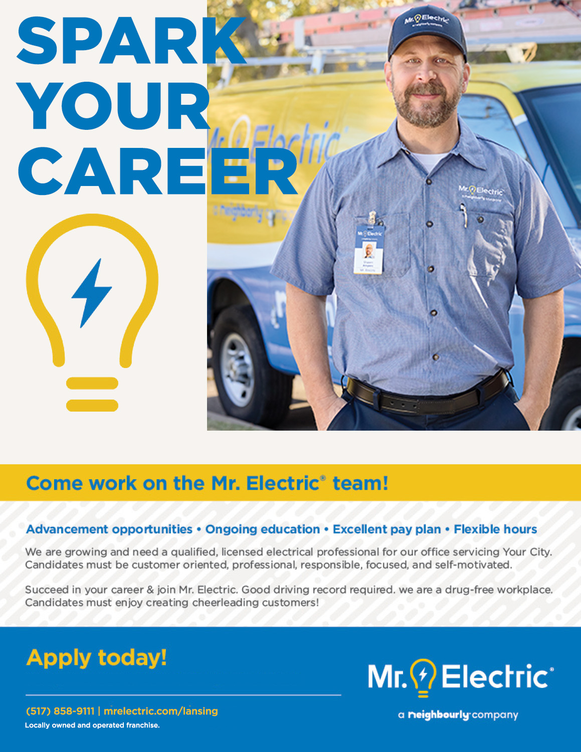 Mr. Electric of Lansing Facebook ad: Join the Team at Mr. Electric!