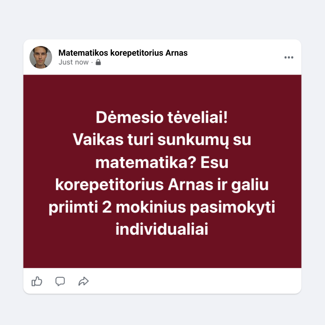 Matematikos korepetitorius Arnas Facebook ad: Išankstinė registracija