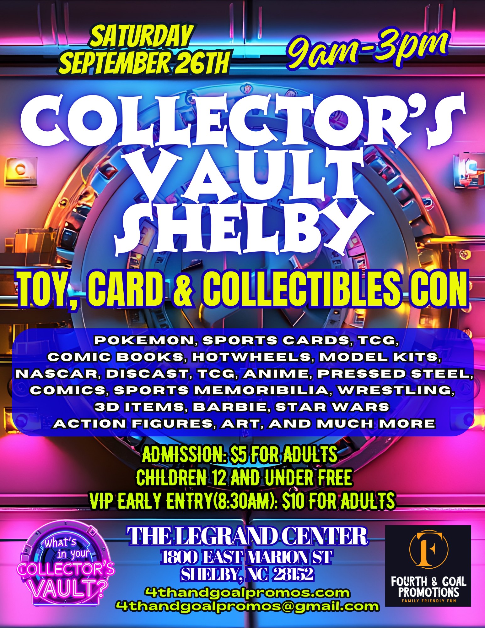 Fourth and Goal Promotions Facebook ad: Collector's Vault Shelby Card, Toy and Collectibles Con