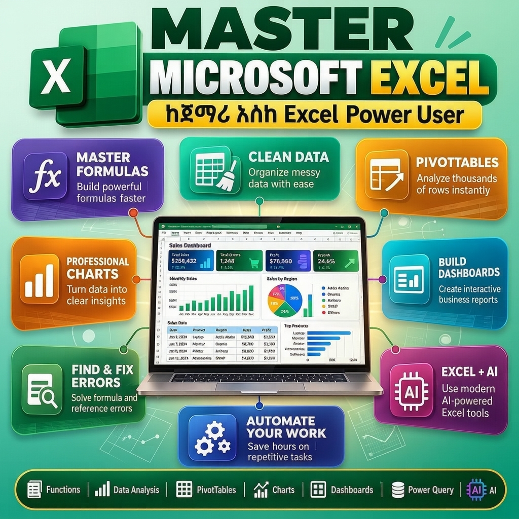 Bright Ideas Facebook ad: Excel ን ከመሠረቱ እስከ Advanced Level ይማሩ!