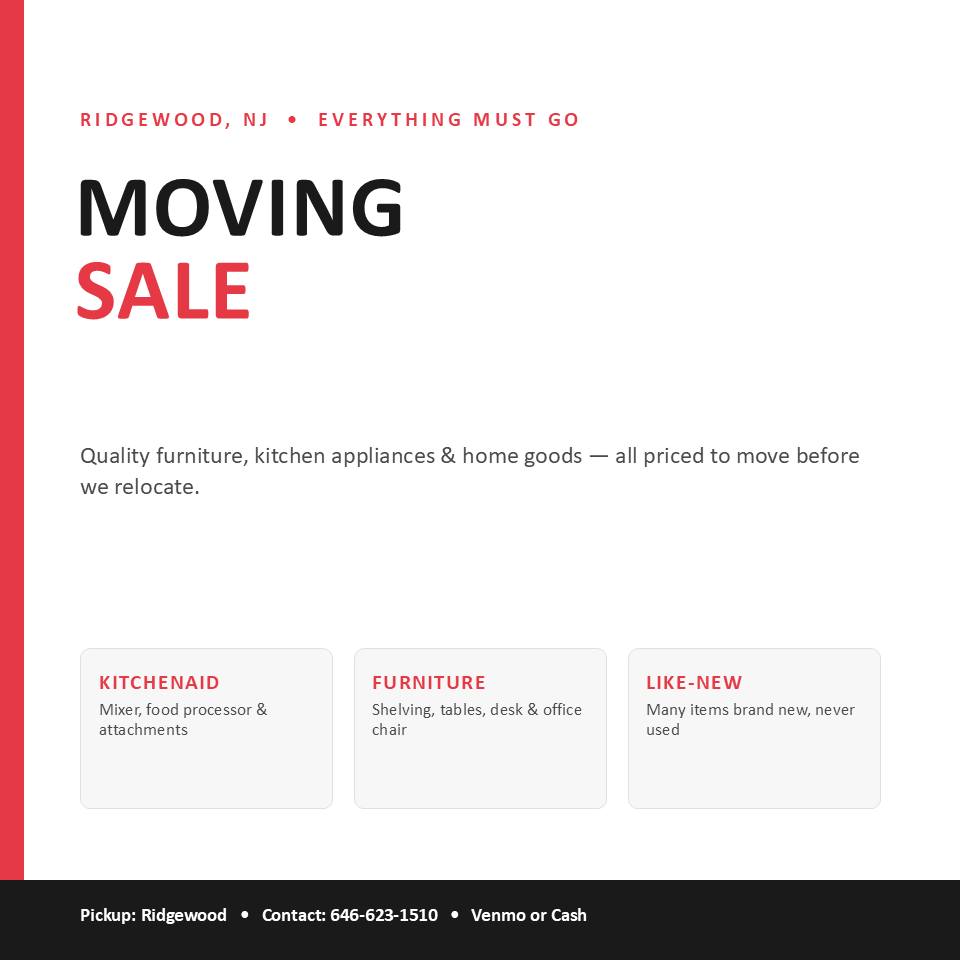 Oh Kweon Facebook ad: Moving Sale, KitchenAid, Le Creuset, Furniture & More…