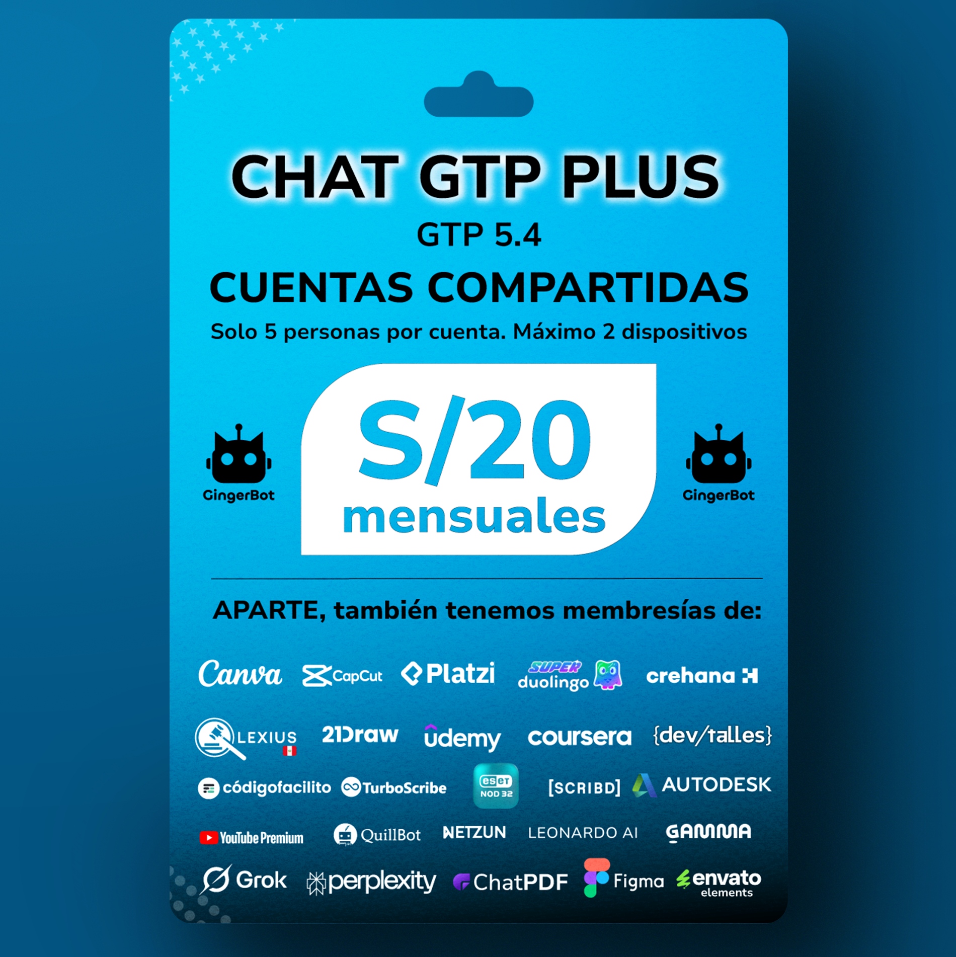 GingerBot Facebook ad: ChatGTP plus a S/20 por mes