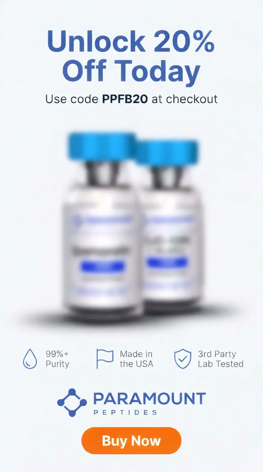 Paramount Peptides Sale Facebook ad: Get 20% Off Your First Order.