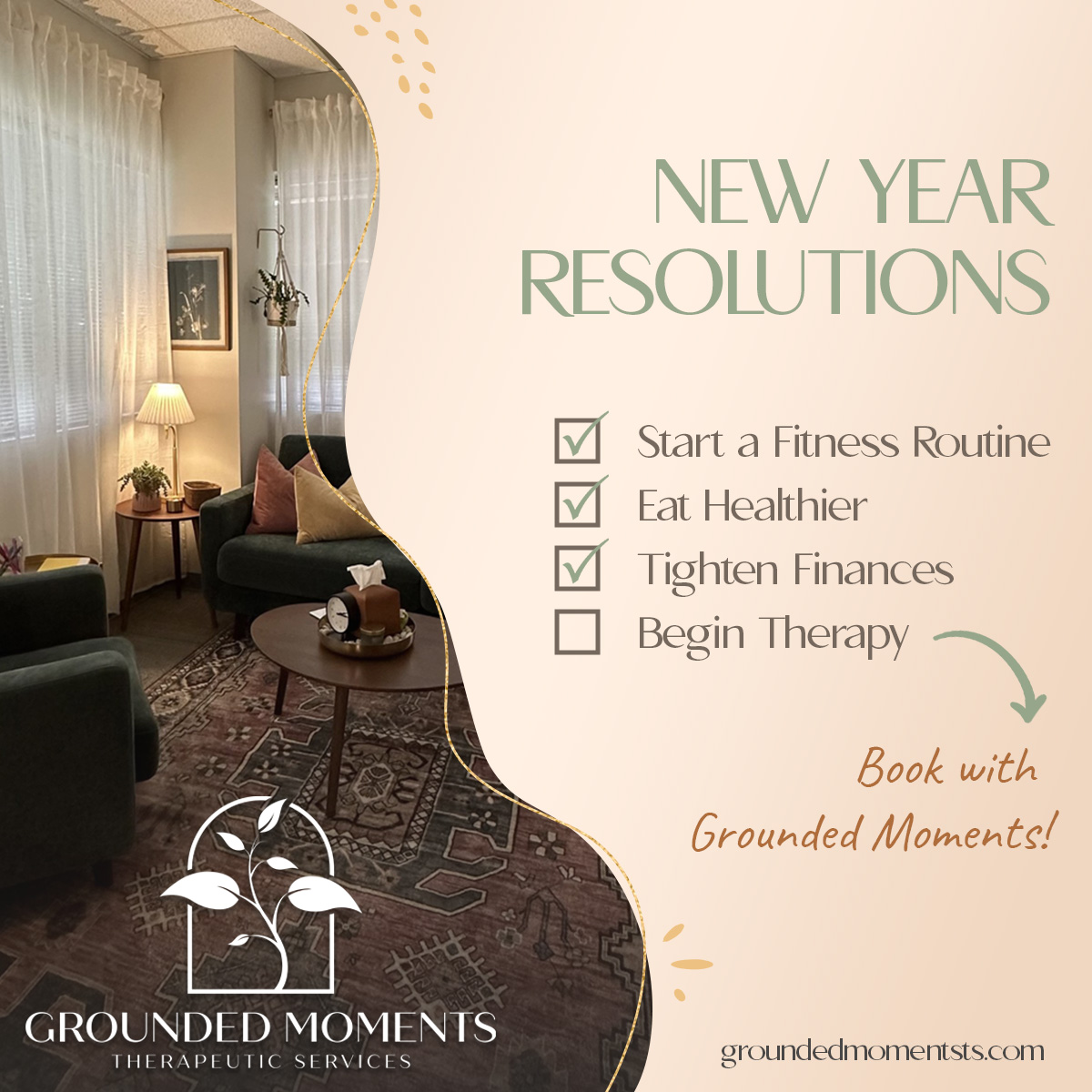 Grounded Moments Therapeutic Services Facebook ad: Growth begins when you create space to feel…