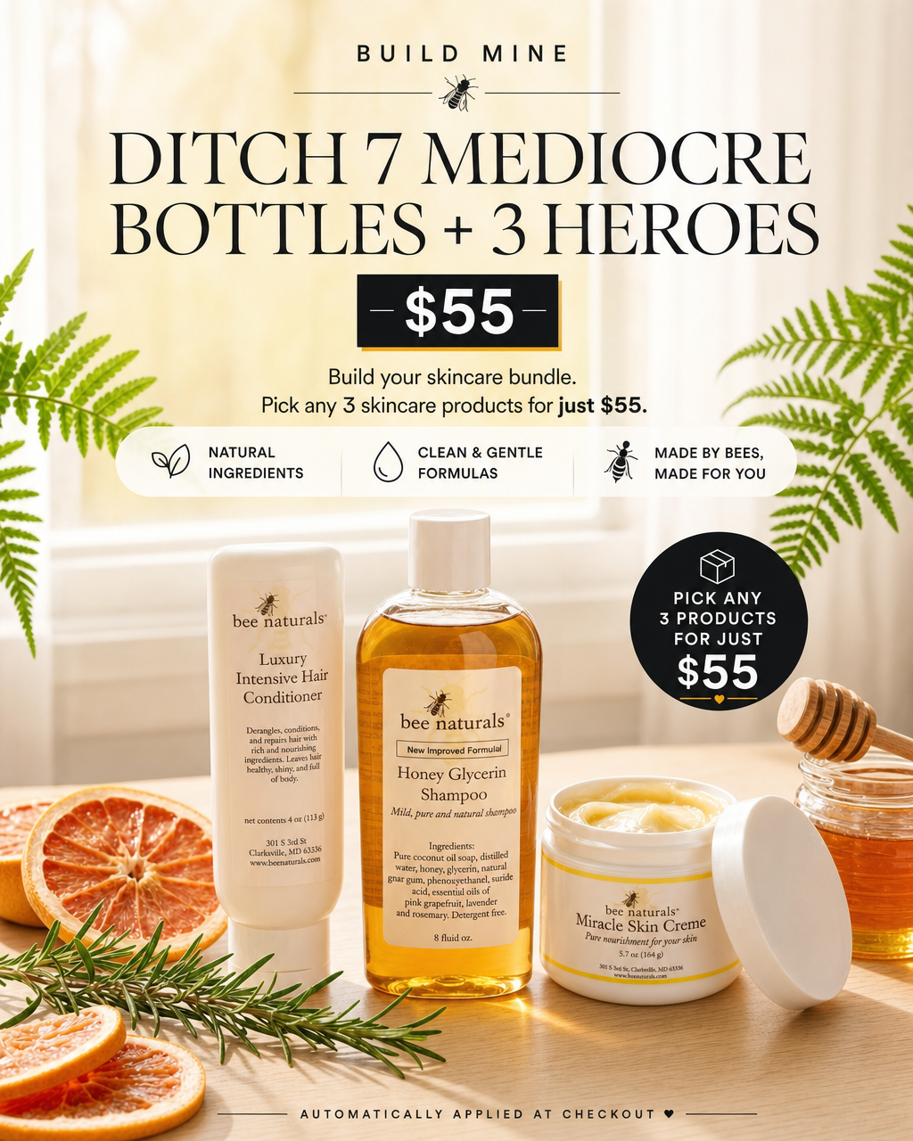 Bee Naturals Facebook ad: Any 3 Skincare Products for $55