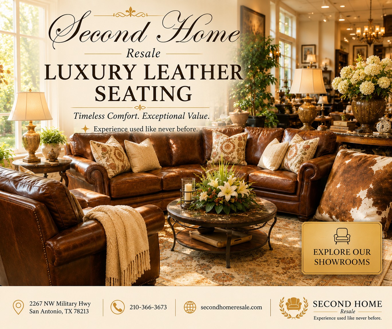 Second Home Resale - San Antonio, Texas Facebook ad: Luxury Leather Seating.