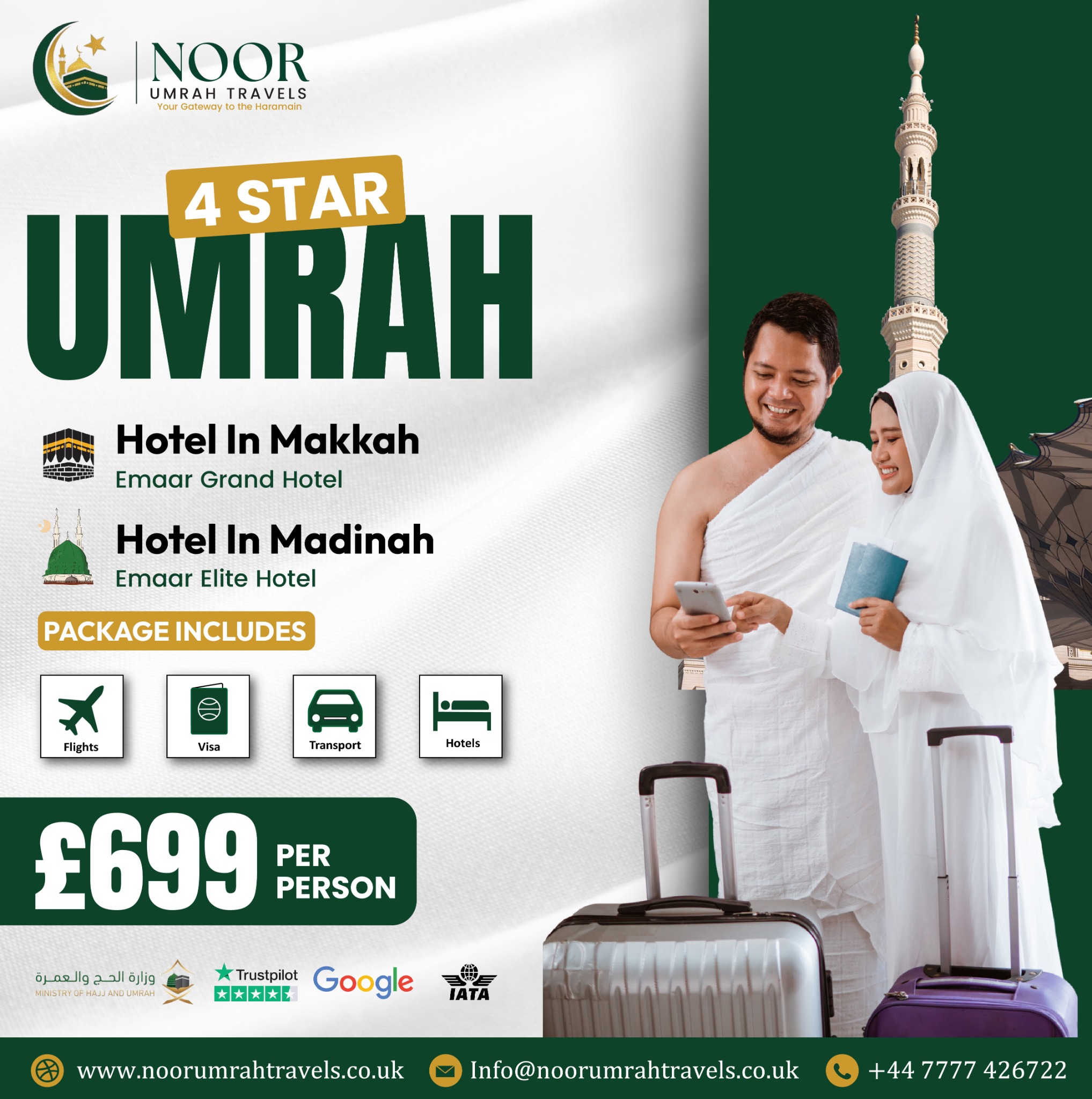 Noor Umrah Travels Facebook ad: Comfortable & trusted 4★ Umrah packages from the UK in…