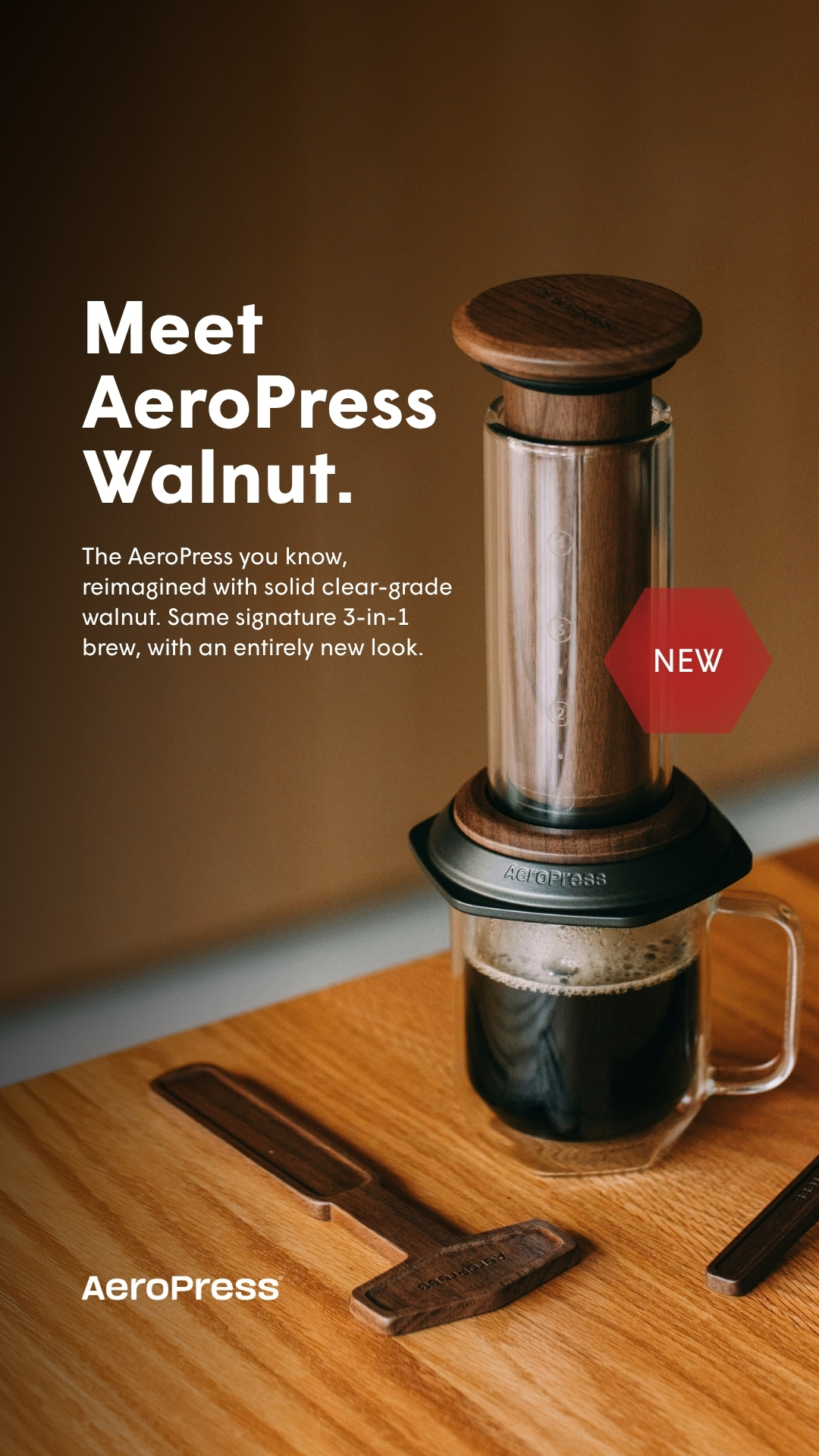 AeroPress Facebook ad: The New AeroPress Premium in Walnut
