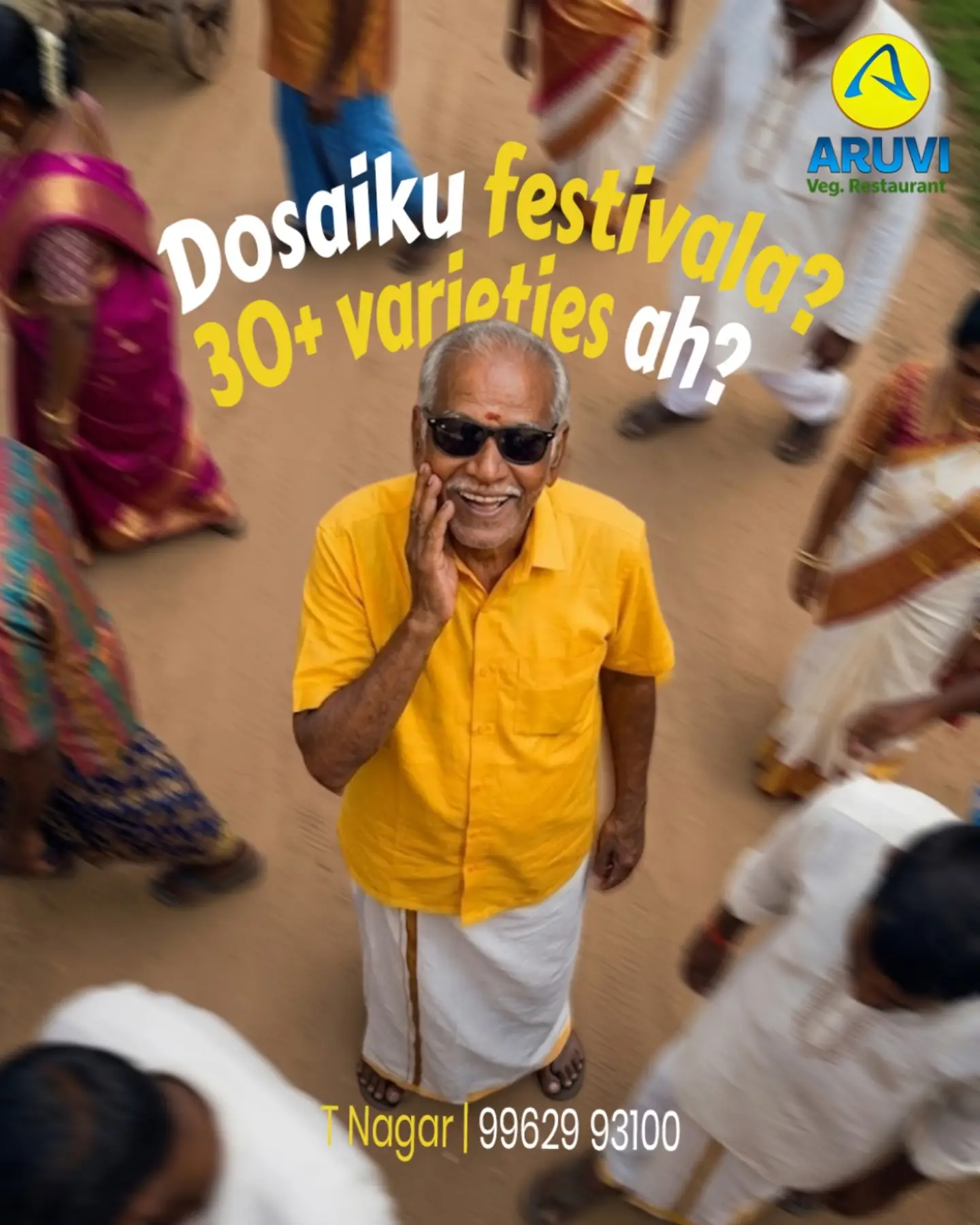 Aruvi Veg Restaurant Facebook ad: 30+ dosa varieties, one festival, T Nagar only.