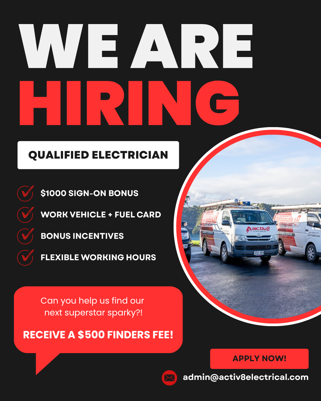 Activ8 Electrical Contractors Mount Gambier Facebook ad: Qualified Electrician Wanted, Mount Gambier, SA
