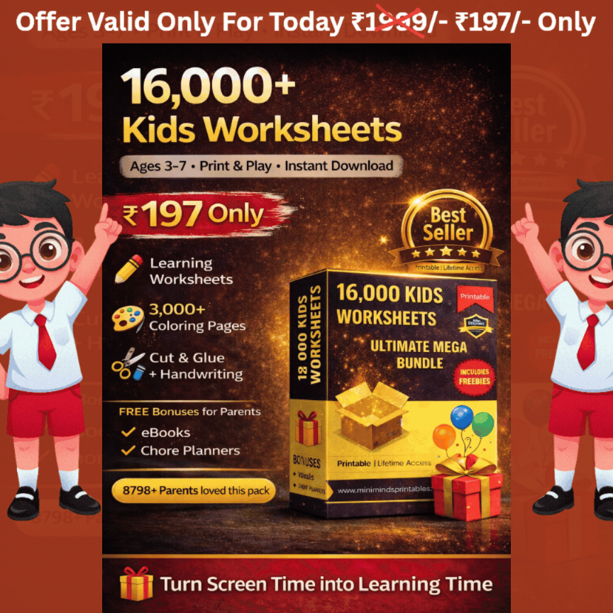 MiniMinds Printables Facebook ad: Today Only @197 16,000+ Printable Worksheets for Kids Now…
