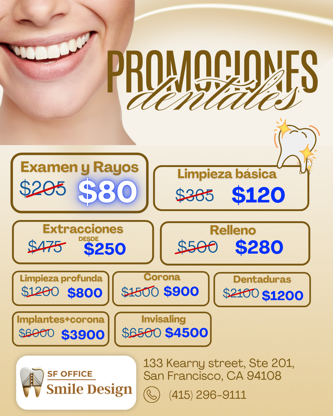 Smile Design SFO Facebook ad: Promociones Dentales 50% OFF