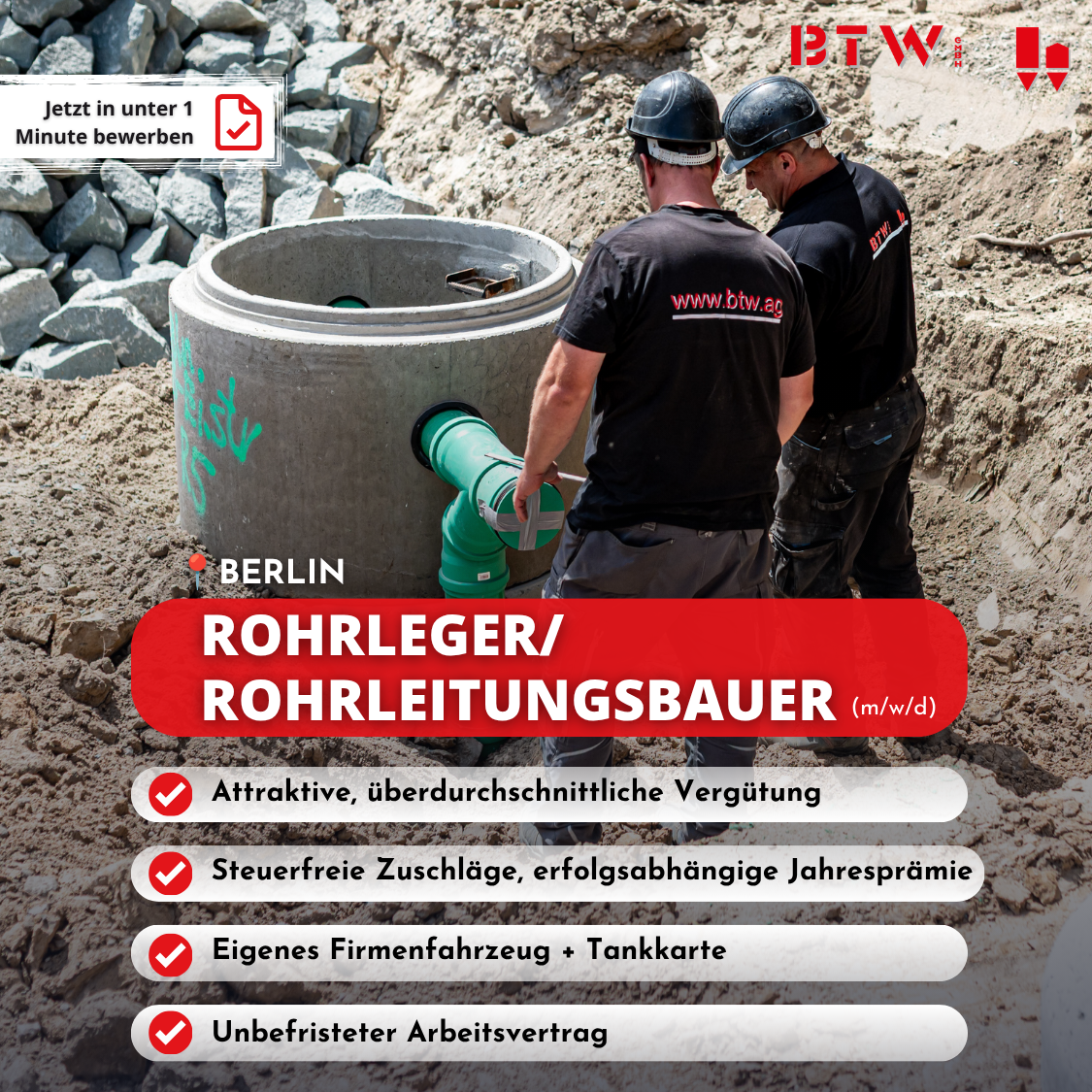BTW GmbH Facebook ad: Rohrleitungsbauer (m/w/d) in Berlin gesucht!