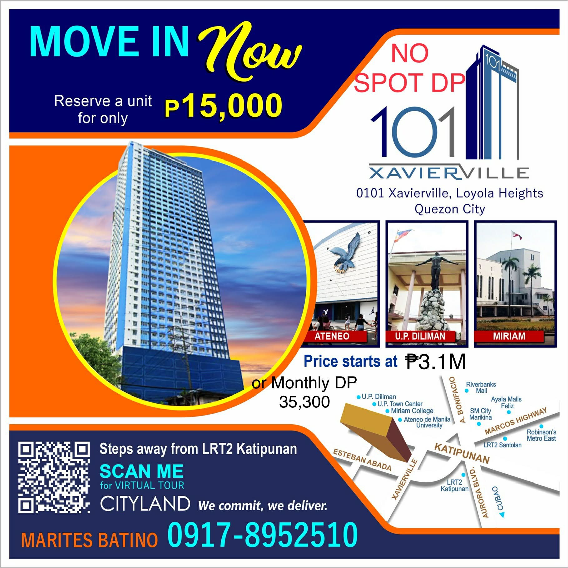 Cityland Affordable Pre-Selling and RFO Condominium Projects by Tess Batino Facebook ad: Own a unit near ATENEO, QC for as low as ₱3.1M or ₱35,300…