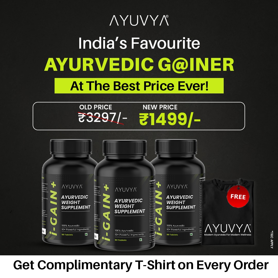 Ayuvya Skincare India Facebook ad: BUY AYUVYA i-Gain+ (Pack of 3) + free tshirt at 1499/-