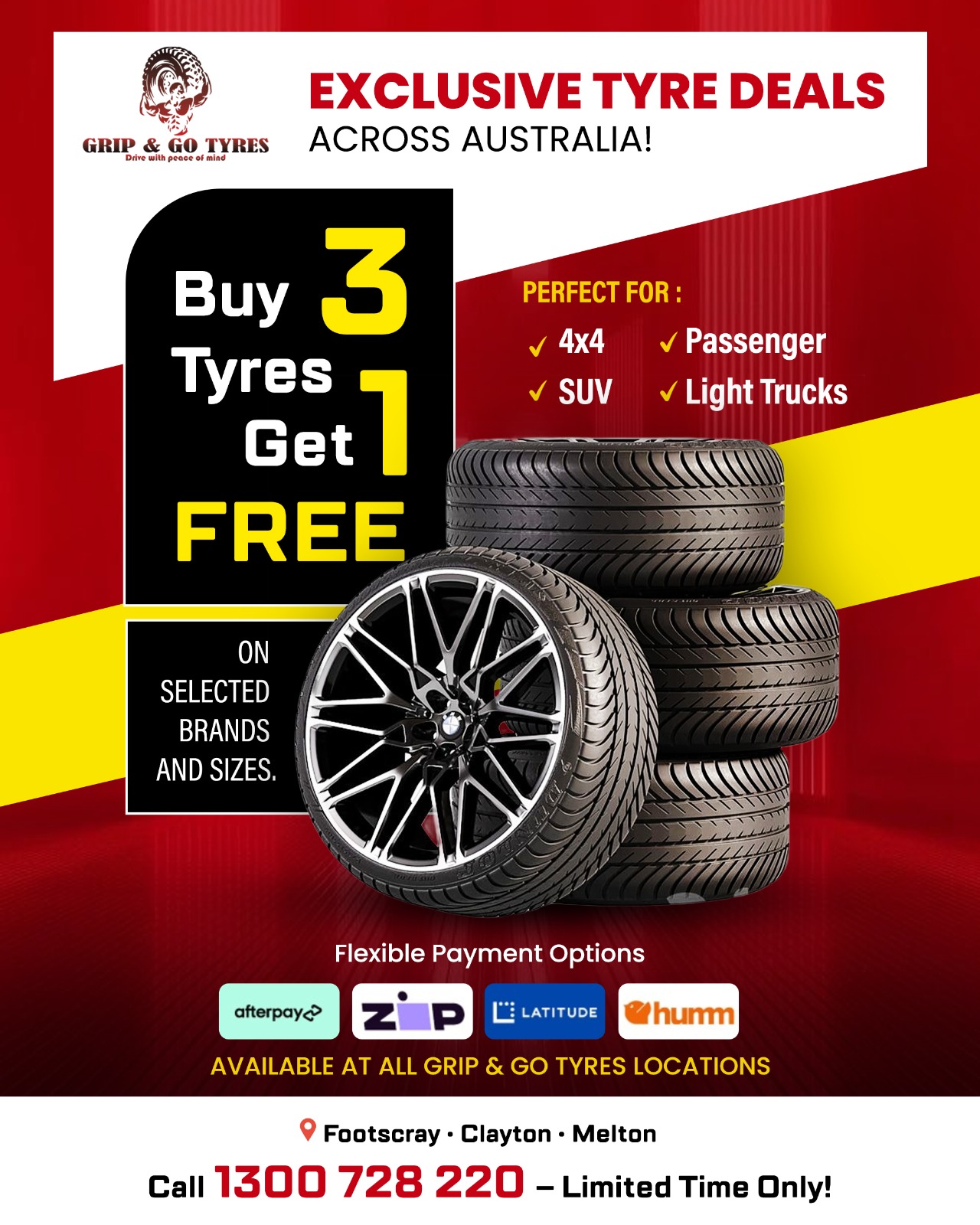 Grip & Go Tyres Melbourne Facebook ad: Buy 3 Tyres, Get 1 FREE!