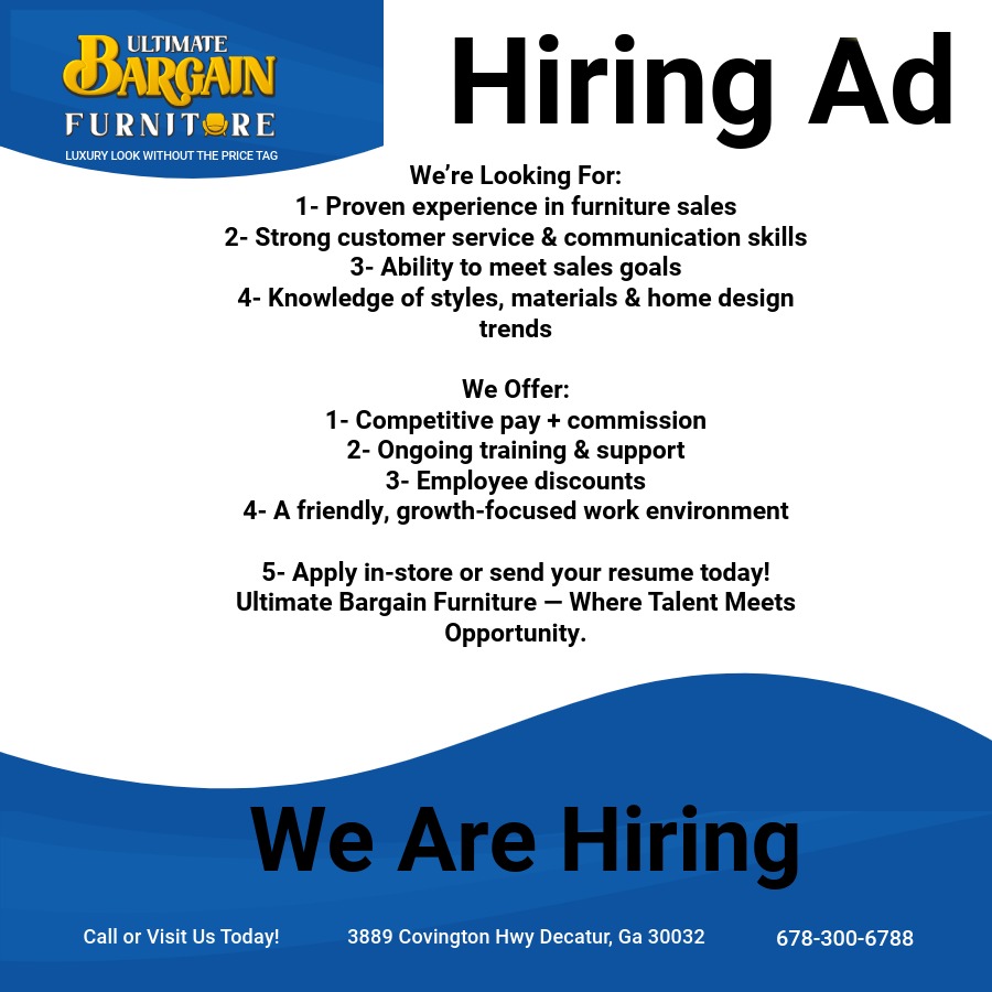Ultimate Bargain Furniture Facebook ad: We are looking for energetic and motivated Sales…