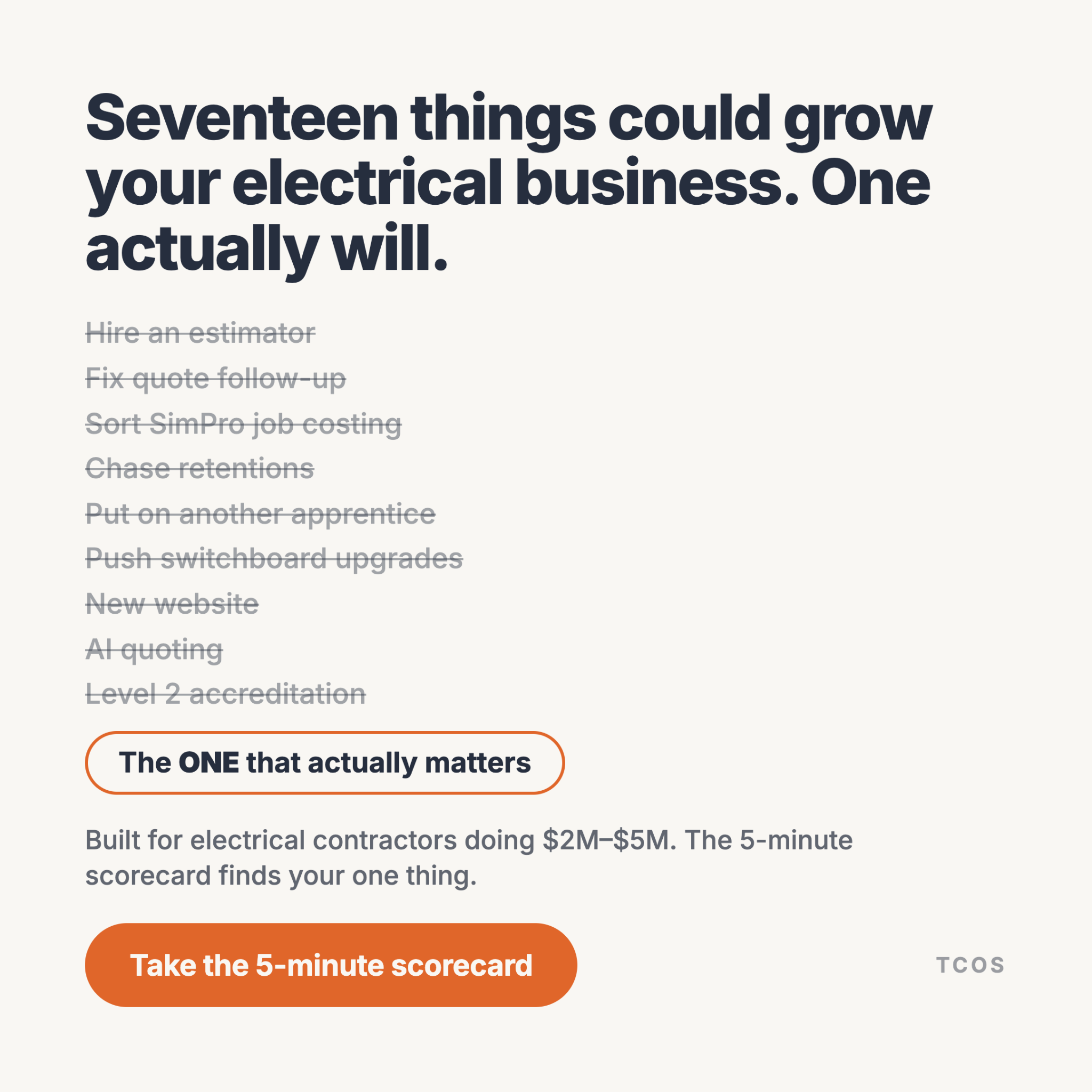 Trade Contractor OS Facebook ad: Find your ONE thing - 5-minute scorecard