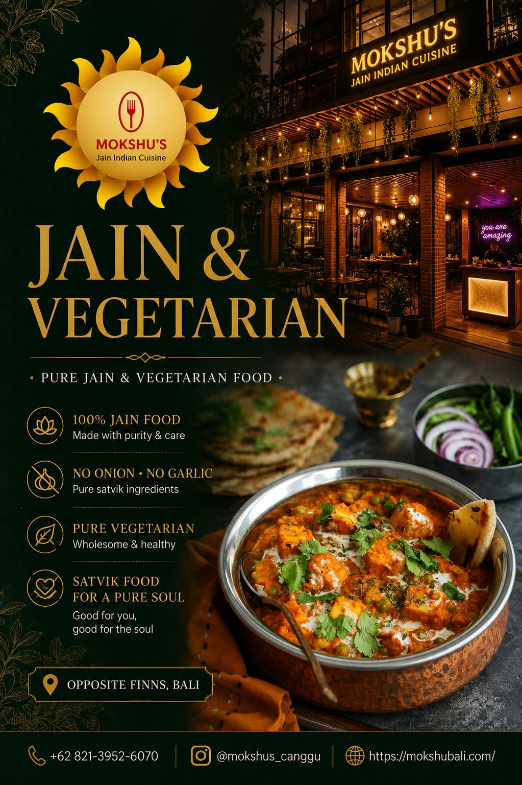 Mokshu Vegetarian Cuisine Facebook ad: Pure Jain & Vegetarian food made with purity & care. Visit…