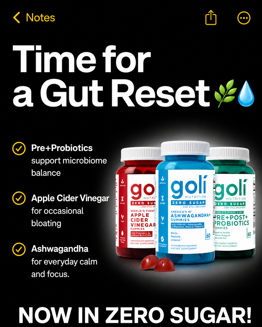 Goli Facebook ad: Digestion, Gut & Stress in Three Gummies