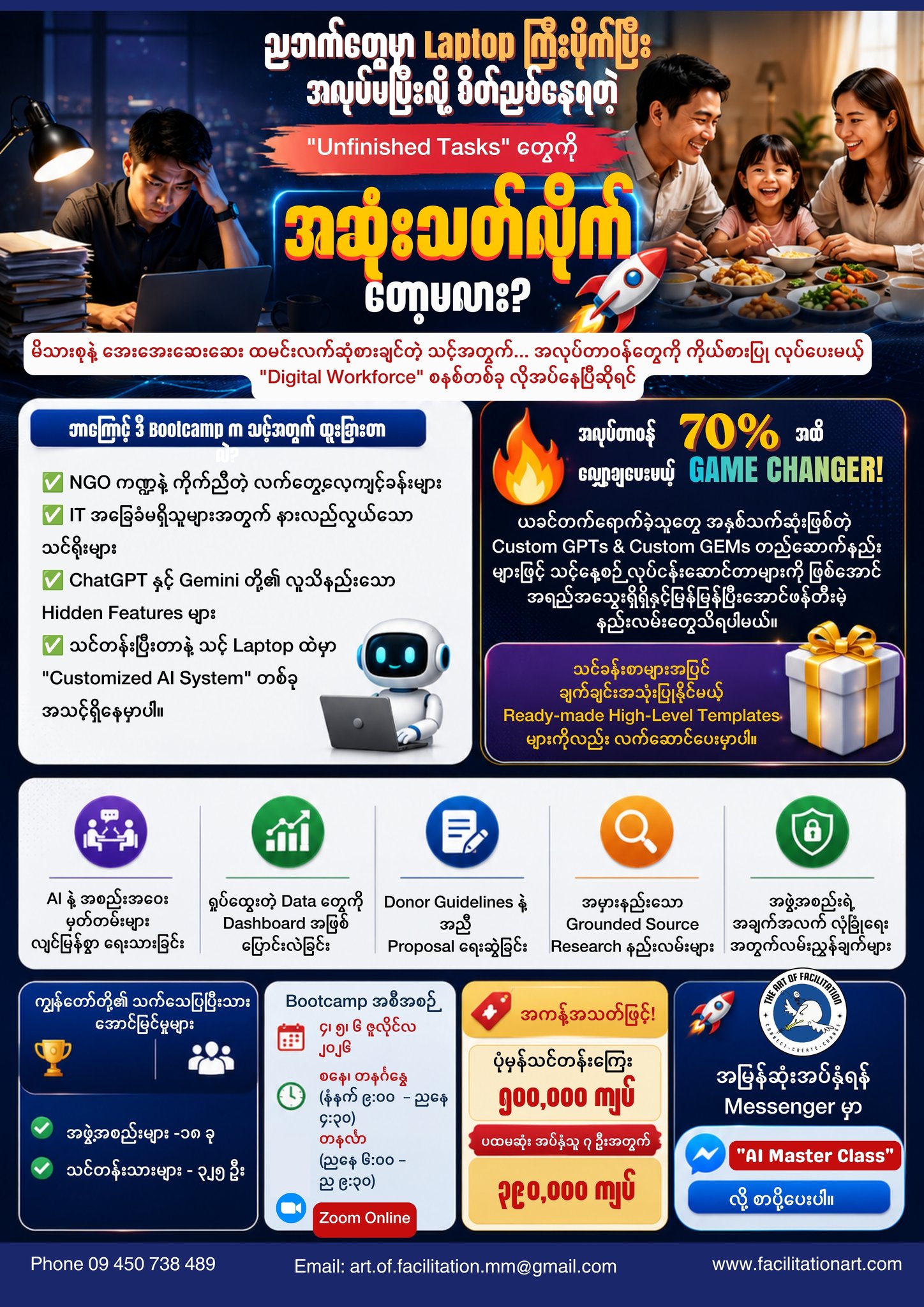 The Art of Facilitation Facebook ad: ညဘက်တွေမှာ Laptop ကြီးပိုက်ပြီး အလုပ်မပြီးလို့…
