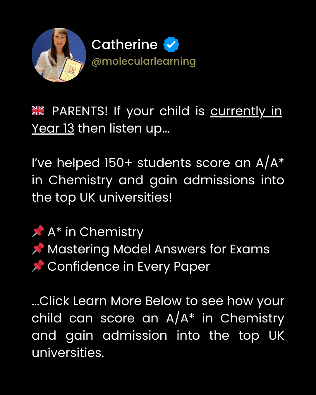 Catherine Chang A Level Chemistry Tutor Facebook ad: YEAR 13 CHEMISTRY A LEVELS SUCCESS