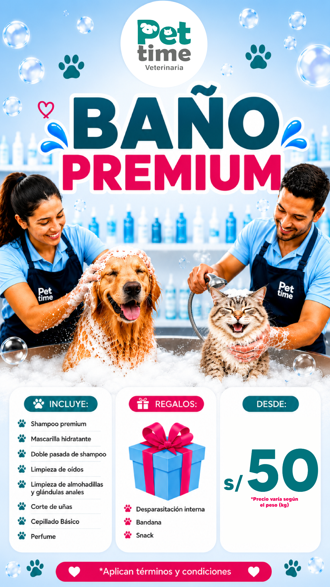 Pet Time Veterinaria Facebook ad: ¡Tu mascota limpia, protegida y consentida en Pet Time!