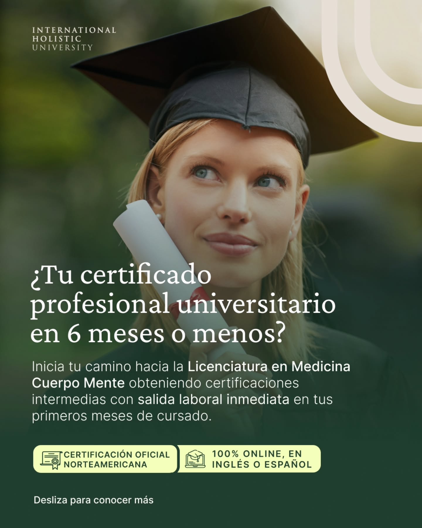 International Holistic University Facebook ad: ¿TU CERTIFICACIÓN PROFESIONAL UNIVERSITARIA OFICIAL EN 6…