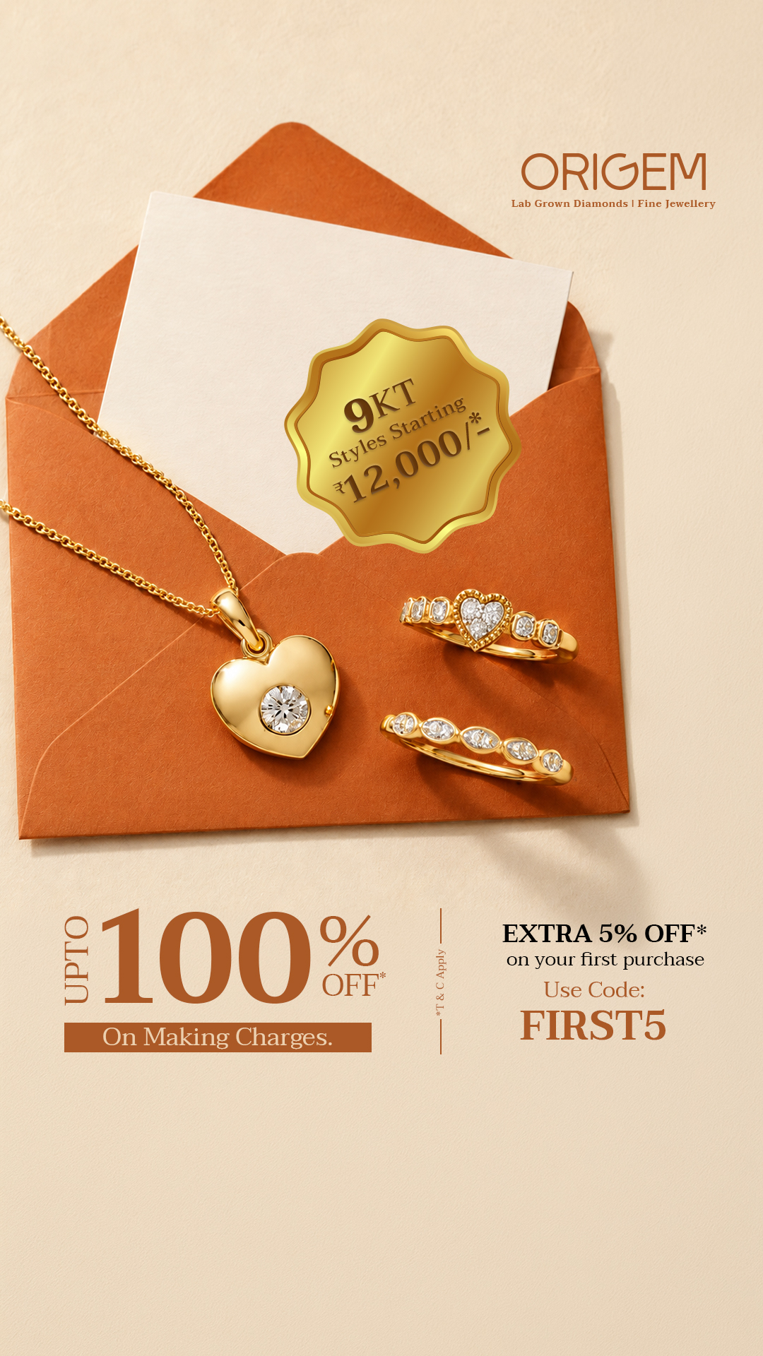 Origem India Facebook ad: Elegant 9KT Gold Lab-Grown Diamond Jewellery at Origem…