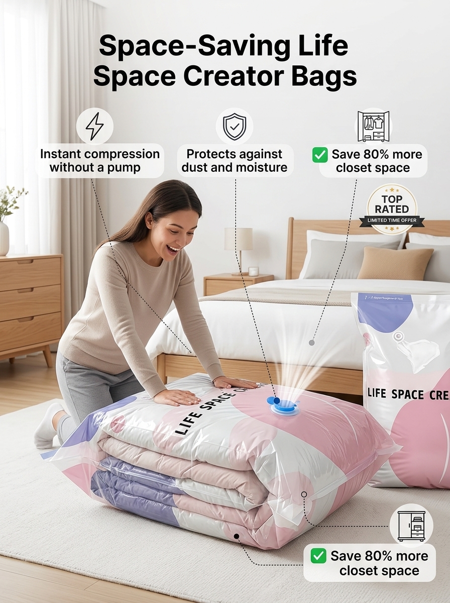 Coffroutils Facebook ad: No-Pump Vacuum Storage Compression Bags