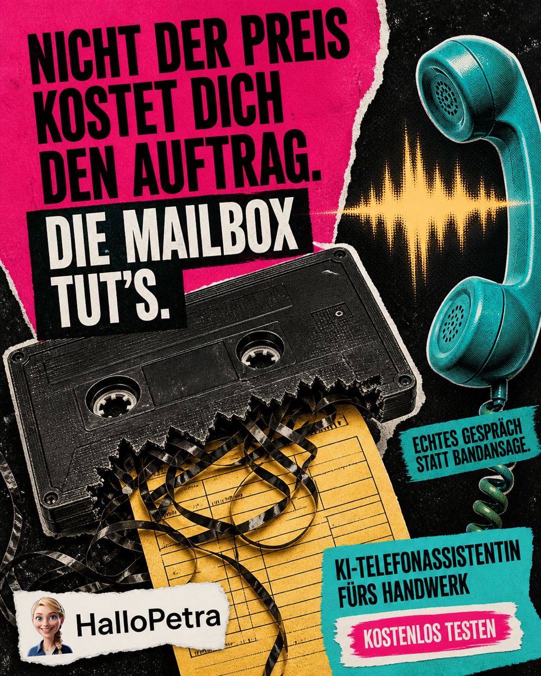 HalloPetra.de Facebook ad: Echtes Gespräch statt Bandansage.