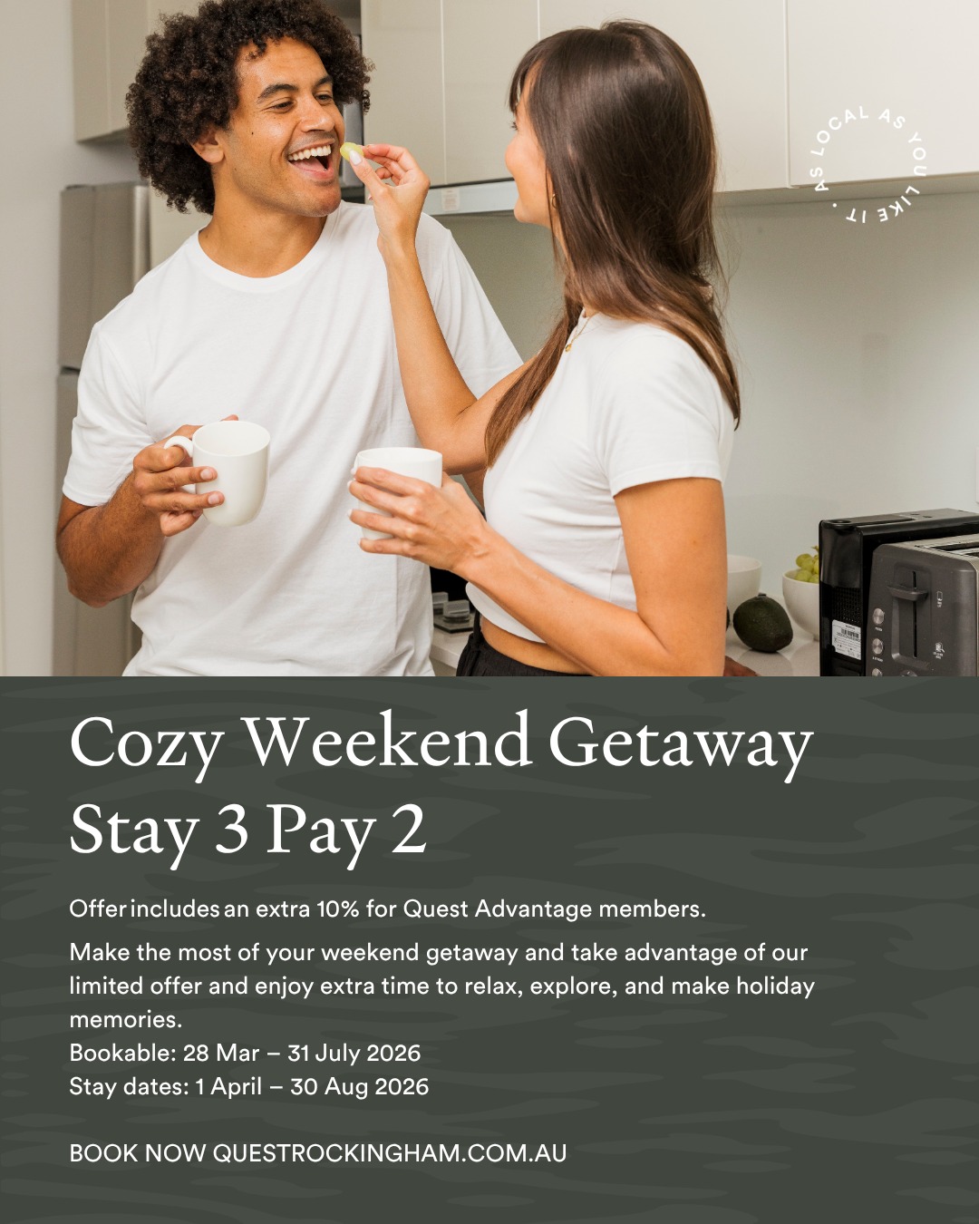 Quest Rockingham Facebook ad: Escape to the coast with our Stay 3…