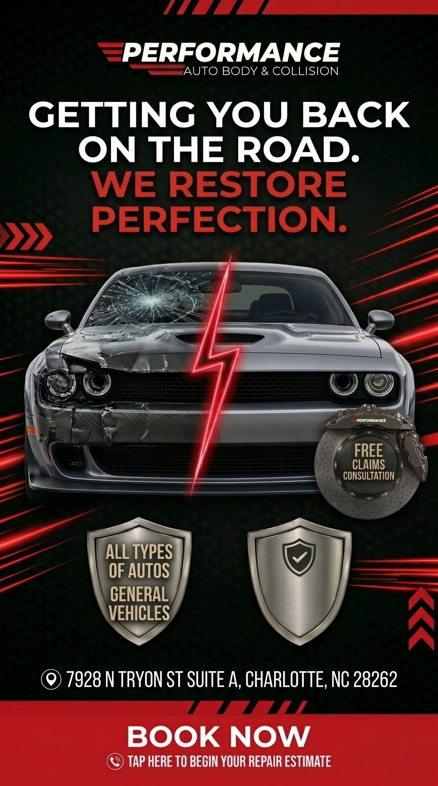 Performance Auto Collision Facebook ad: Car Trouble? Book Your Repair Slot Online in Seconds!